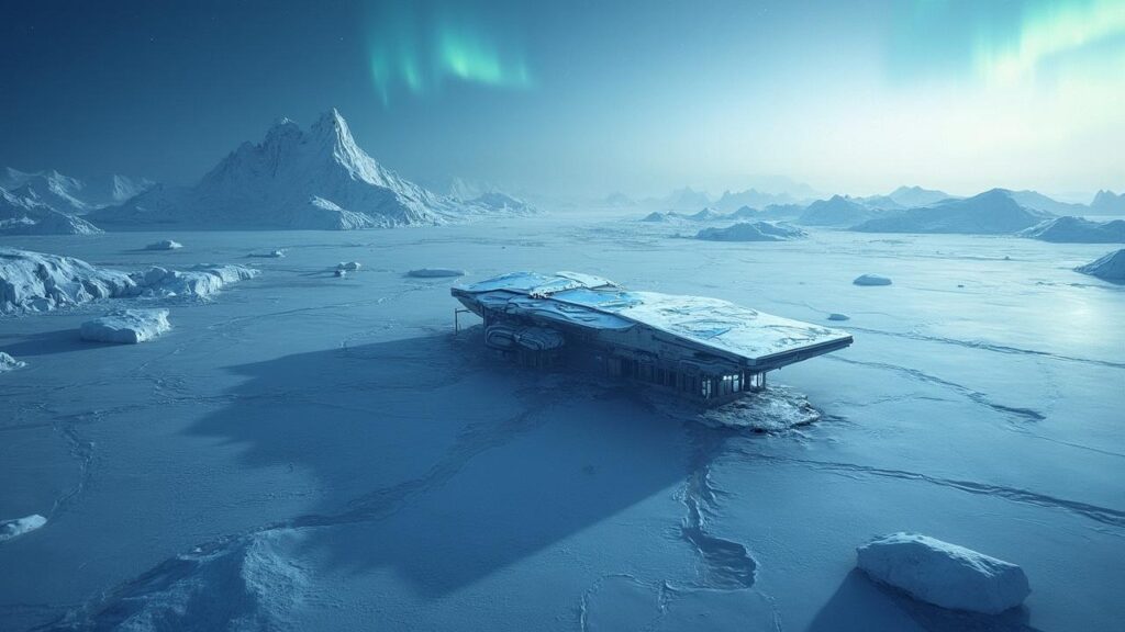 Paysage glacé avec structure futuriste sous un ciel nordique