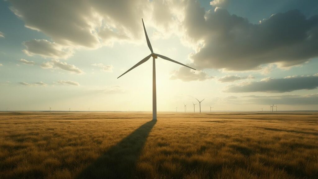 Champ de blé avec éoliennes sous un ciel dramatique