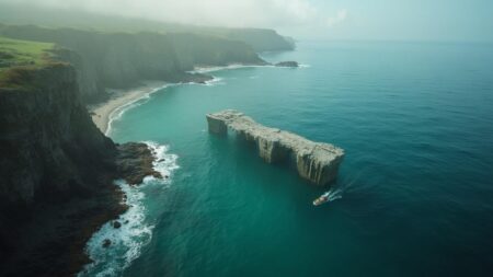 Vue aérienne d'une côte rocheuse avec des falaises surplombant l'océan turquoise
