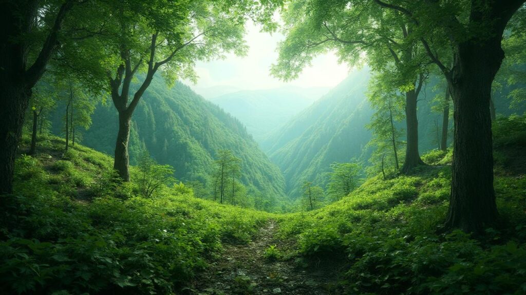 Vue panoramique d'une forêt verdoyante dans un paysage vallonné.