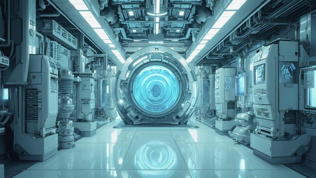 Intérieur de vaisseau spatial futuriste avec éléments technologiques