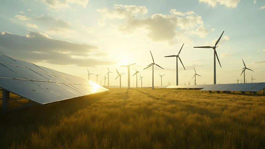 Champ de panneaux solaires et d'éoliennes au coucher du soleil