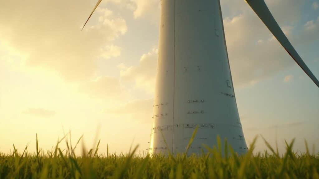 Une éolienne blanche se dresse dans un champ verdoyant sous un ciel nuageux.