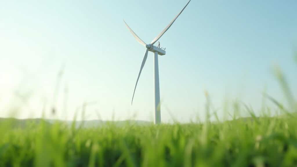 Une éolienne blanche haute dans un champ verdoyant sous un ciel bleu clair.