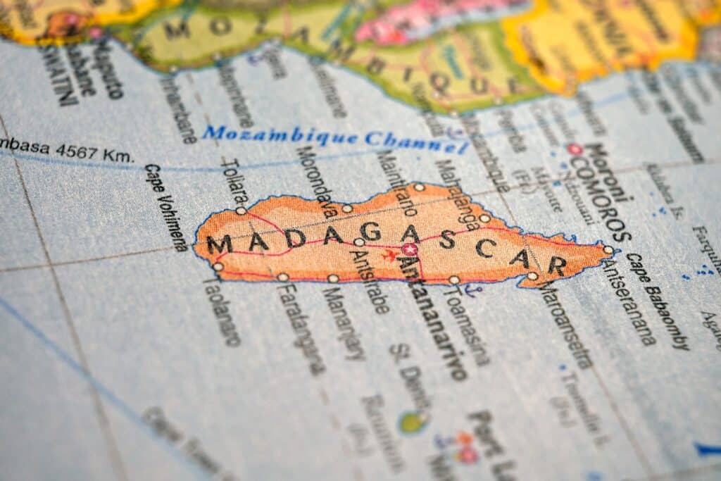 Blurred,world,map,highlighting,madagascar,travel,,geography,,and,global,location
